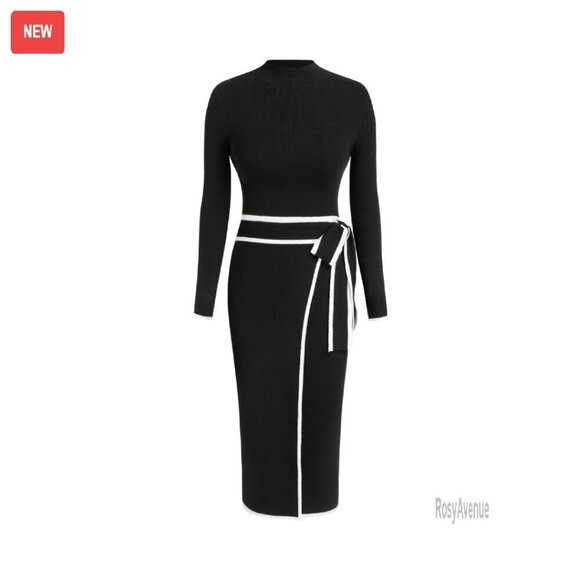 Dresses & Skirts - Long Sleeve Mock Turtleneck Sweater Dress Midi Work Dress Slim Fit